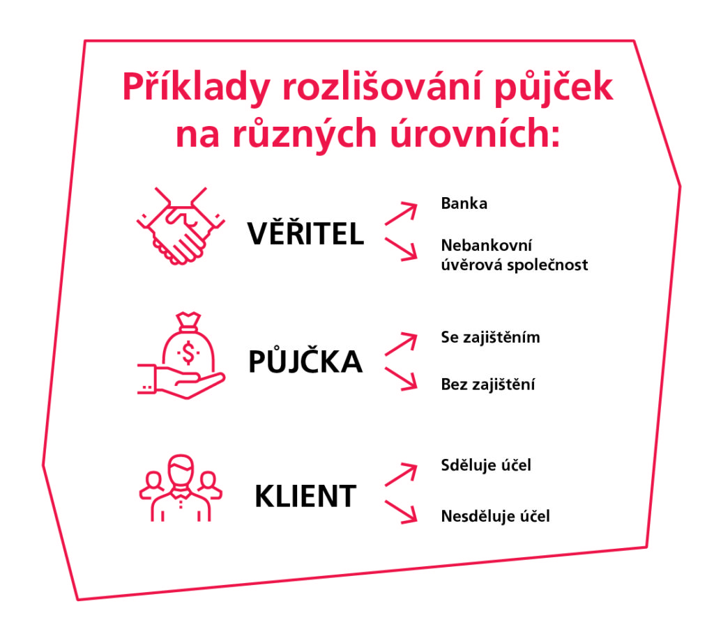 Příklady rozlišování půjček na úrovních věřitel, typ půjčky, účel půjčky